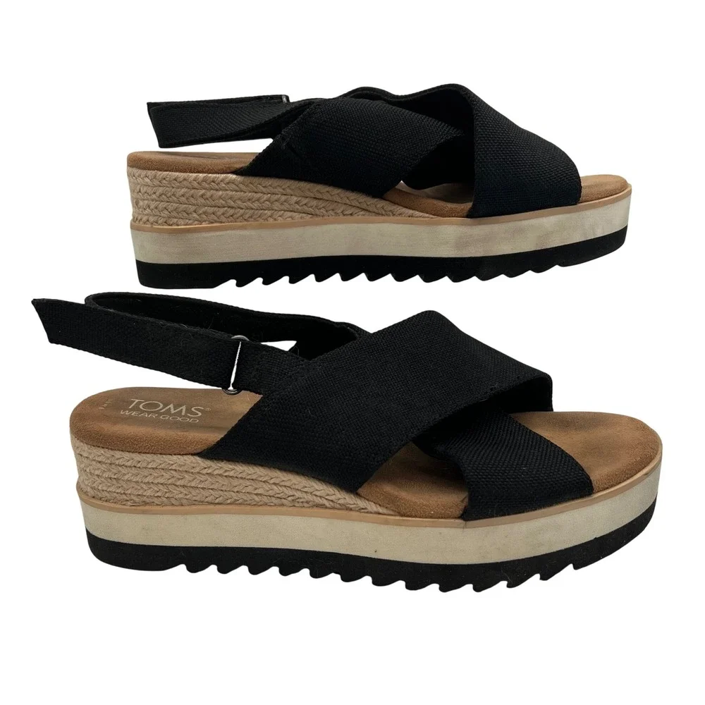 TOMS Dianna Crossover Platform Espadrille Wedge Sandals 8 Black Slingback Canvas